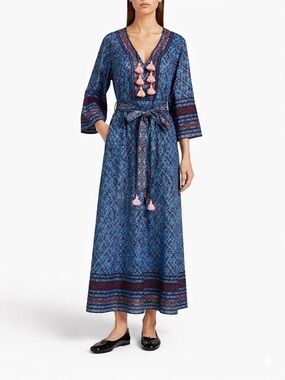 Figue Boho floral printed midi dress Size S Elegant Blue and Pink Tassel Dress